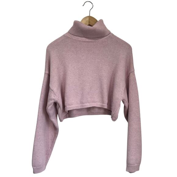 MANGO Pink Cropped Turtleneck Sweater Size M Soft Knit Cozy Cotton Blend - Picture 2 of 8